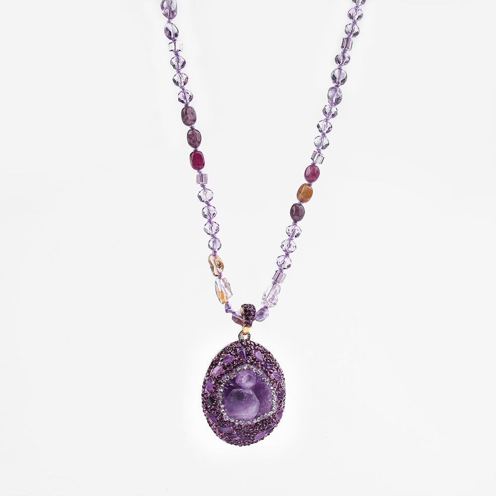 Amethyst Pendant Handcrafted Beaded Long Necklace