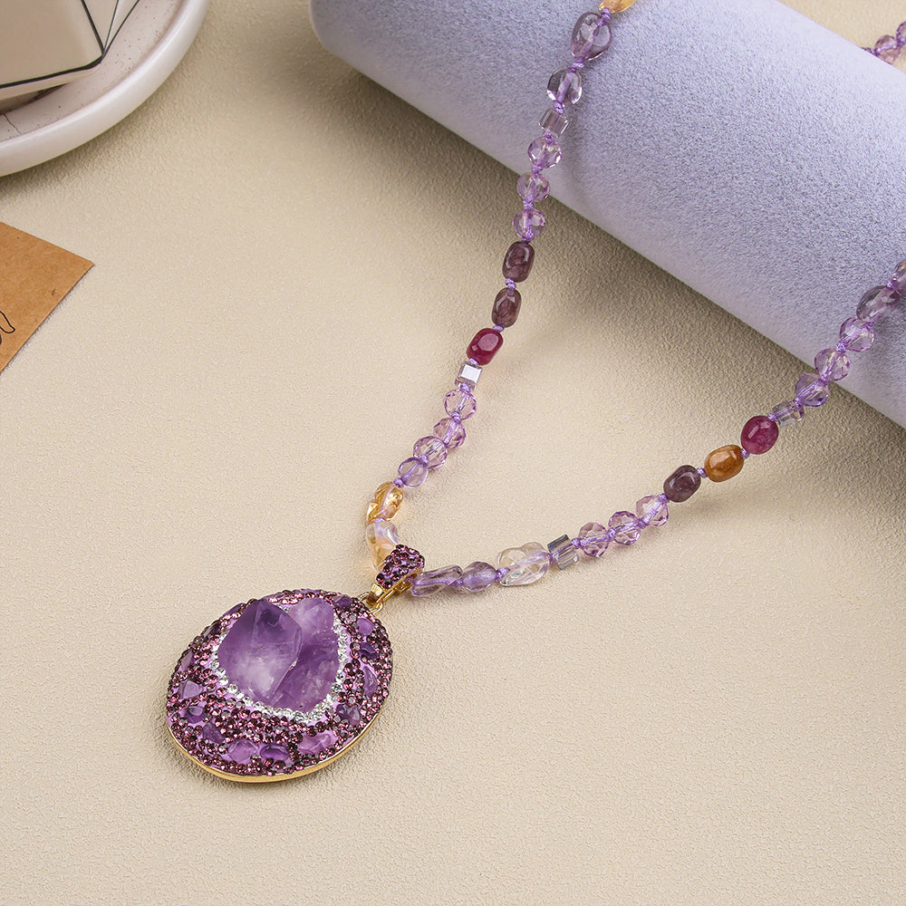 Amethyst Pendant Handcrafted Beaded Long Necklace