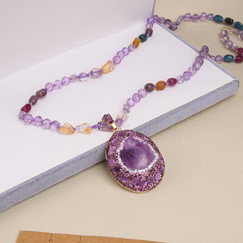 Amethyst Pendant Handcrafted Beaded Long Necklace