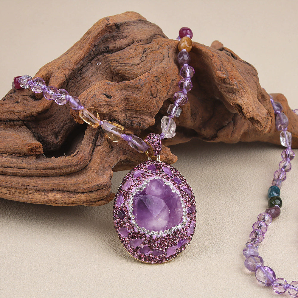 Amethyst Pendant Handcrafted Beaded Long Necklace